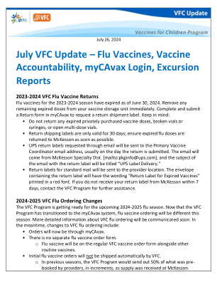 2024 年 7 月 26 日 7 月 VFC 更新 – 流感疫苗、疫苗问责、myCAvax 登录、旅行报告